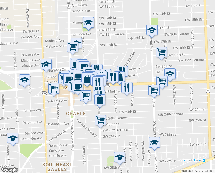 map of restaurants, bars, coffee shops, grocery stores, and more near 3654 Southwest 22nd Terrace in Miami