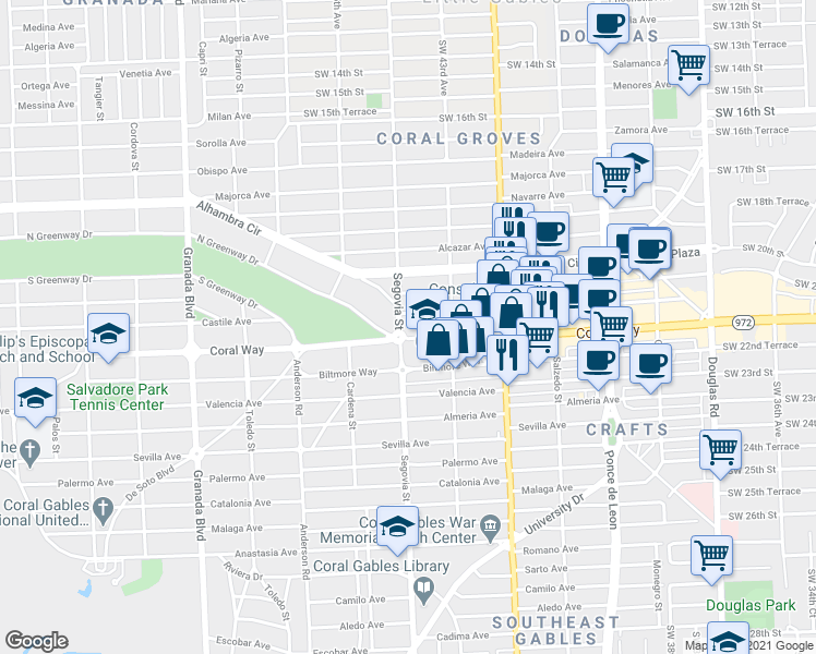 map of restaurants, bars, coffee shops, grocery stores, and more near 659 Coral Way in Coral Gables