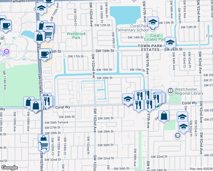map of restaurants, bars, coffee shops, grocery stores, and more near 2130 Southwest 100th Avenue in Miami