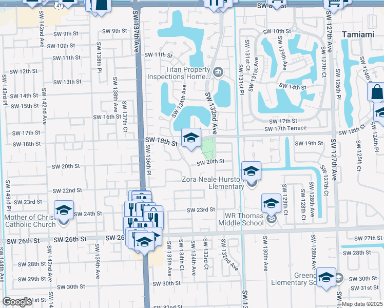 map of restaurants, bars, coffee shops, grocery stores, and more near 13320 Southwest 20th Street in Miami