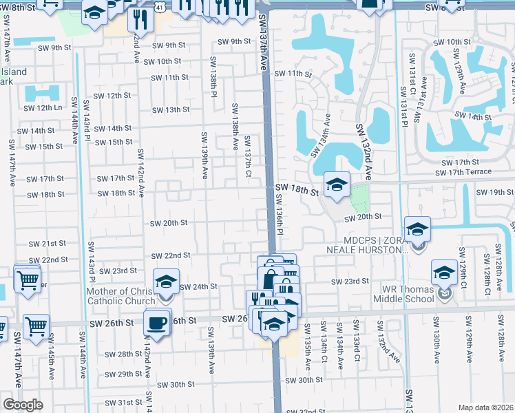 map of restaurants, bars, coffee shops, grocery stores, and more near 13791 Southwest 20th Street in Miami