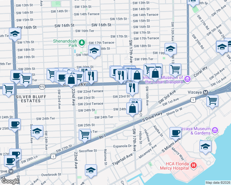 map of restaurants, bars, coffee shops, grocery stores, and more near 1818 Southwest 23rd Street in Miami