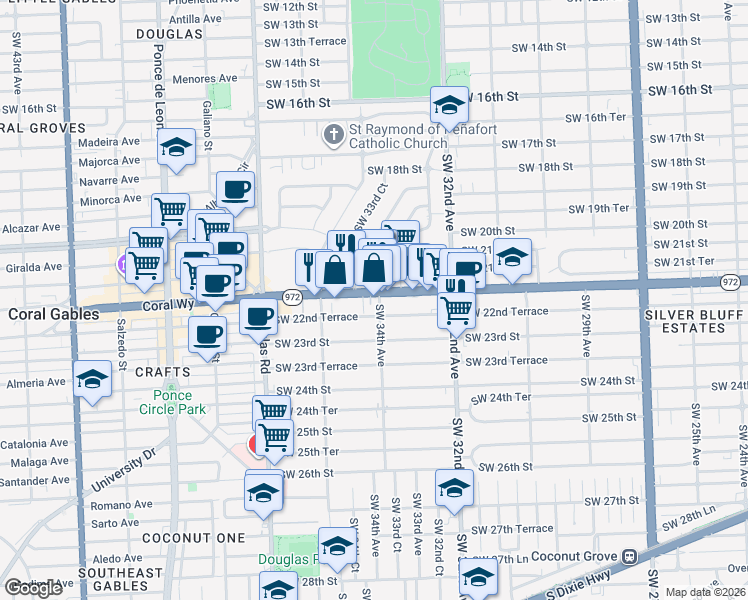 map of restaurants, bars, coffee shops, grocery stores, and more near 3400 Southwest 22nd Street in Miami