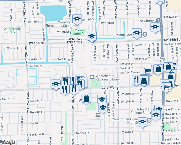 map of restaurants, bars, coffee shops, grocery stores, and more near 2140 Southwest 94th Court in Miami