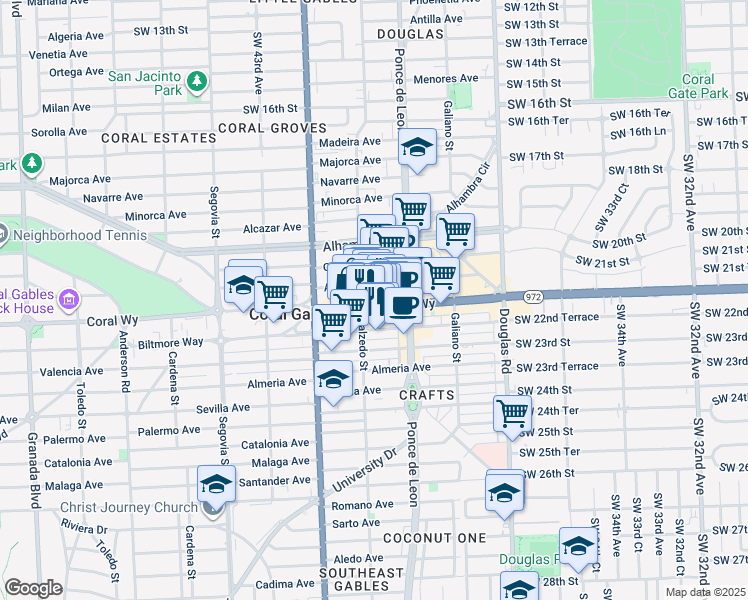 map of restaurants, bars, coffee shops, grocery stores, and more near 286 Coral Way in Coral Gables