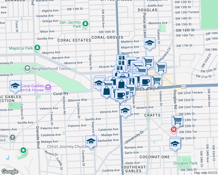 map of restaurants, bars, coffee shops, grocery stores, and more near 443 Coral Way in Coral Gables
