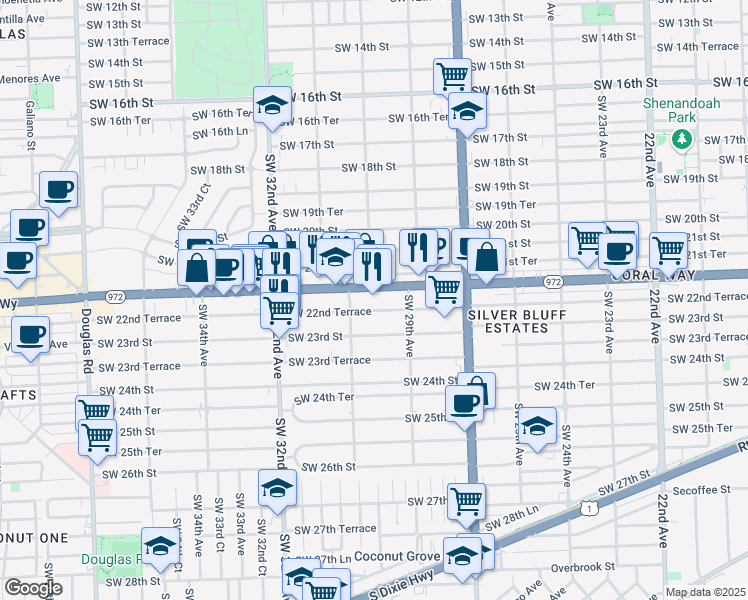 map of restaurants, bars, coffee shops, grocery stores, and more near 3000 Coral Way in Miami