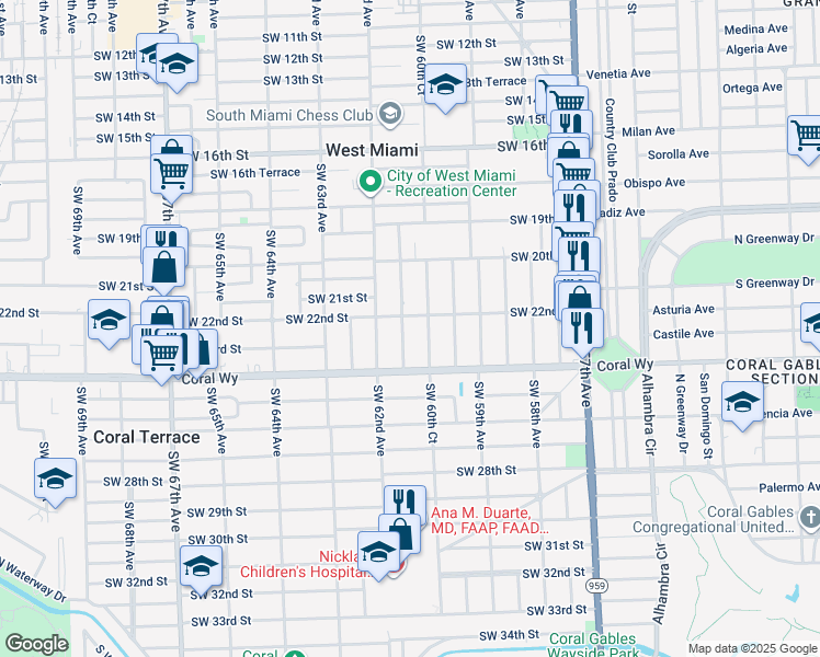 map of restaurants, bars, coffee shops, grocery stores, and more near 2160 Southwest 60th Court in Miami