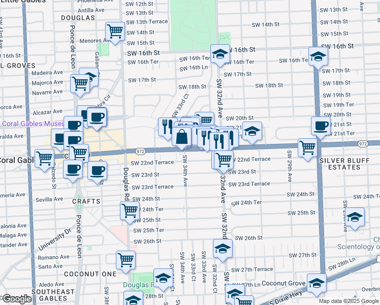 map of restaurants, bars, coffee shops, grocery stores, and more near 3275 Southwest 22nd Street in Miami