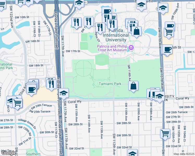 map of restaurants, bars, coffee shops, grocery stores, and more near 11201 Coral Way in Miami