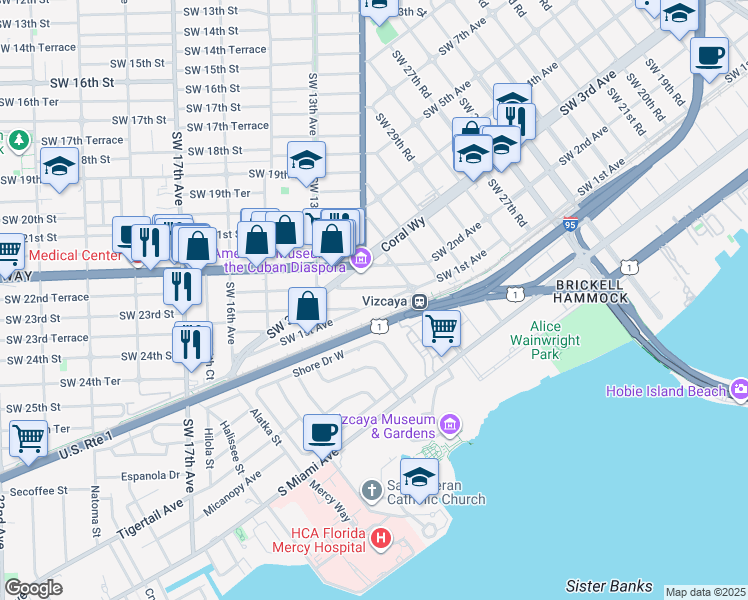 map of restaurants, bars, coffee shops, grocery stores, and more near 1181 Southwest 22nd Terrace in Miami