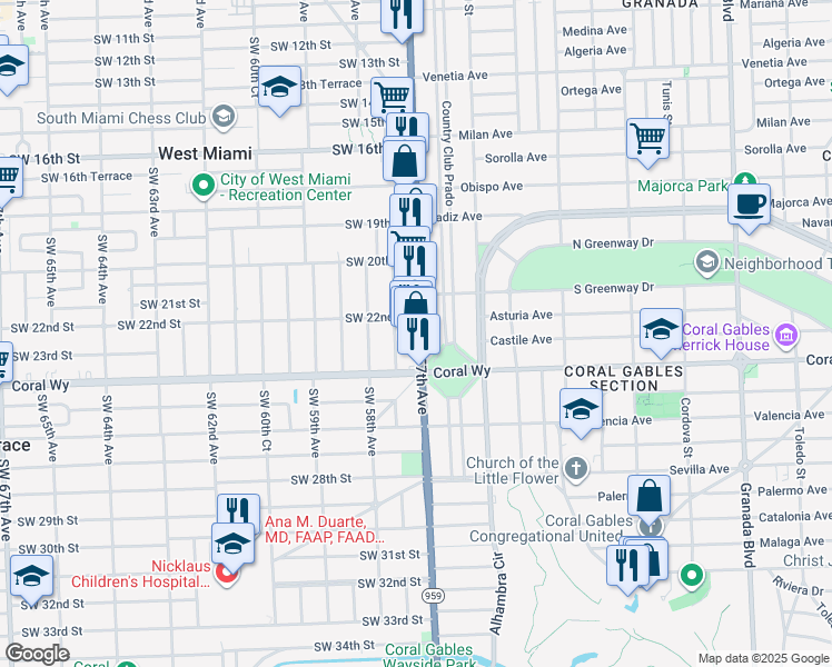 map of restaurants, bars, coffee shops, grocery stores, and more near 2230 Red Road in Miami
