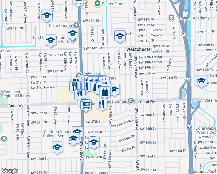 map of restaurants, bars, coffee shops, grocery stores, and more near 8431 Southwest 21st Street in Miami