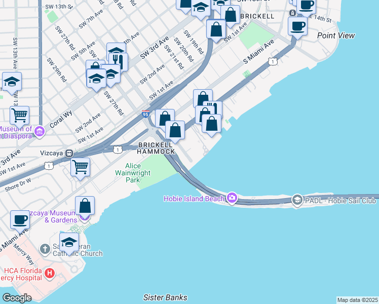 map of restaurants, bars, coffee shops, grocery stores, and more near 2475 Brickell Avenue in Miami