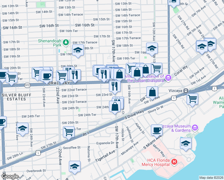 map of restaurants, bars, coffee shops, grocery stores, and more near 1750 Coral Way in Miami