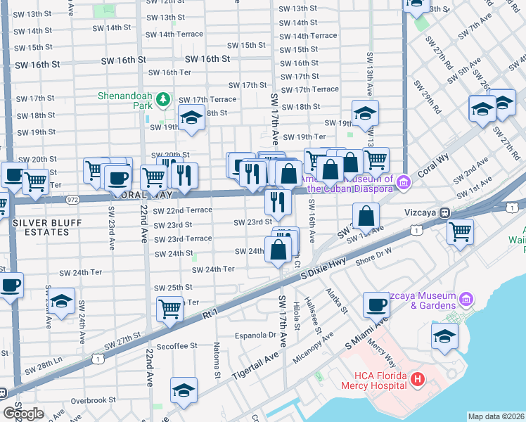 map of restaurants, bars, coffee shops, grocery stores, and more near 1750 Coral Way in Miami