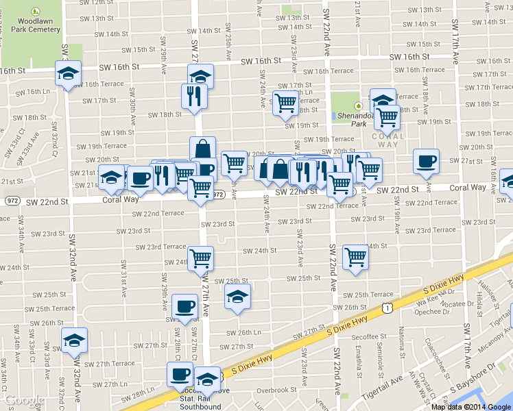 map of restaurants, bars, coffee shops, grocery stores, and more near 2425 Southwest 22nd Street in Miami