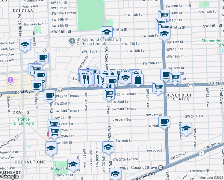 map of restaurants, bars, coffee shops, grocery stores, and more near 109 Southwest 31st Court in Miami