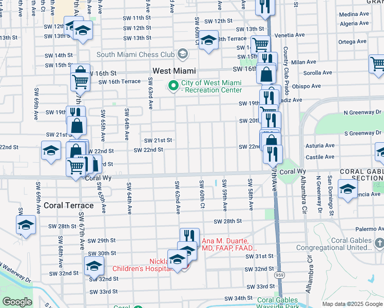 map of restaurants, bars, coffee shops, grocery stores, and more near 2160 Southwest 60th Court in Miami