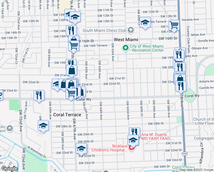 map of restaurants, bars, coffee shops, grocery stores, and more near 6310 Southwest 21st Street in Miami