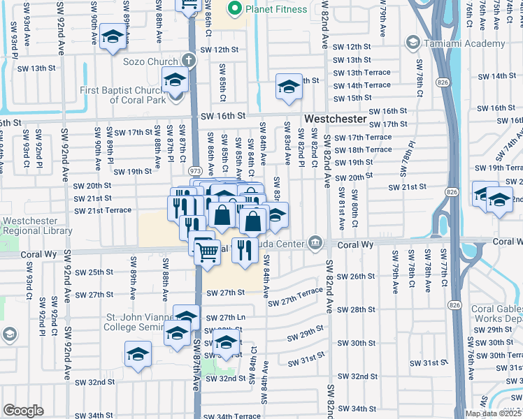 map of restaurants, bars, coffee shops, grocery stores, and more near 8431 Southwest 21st Street in Miami