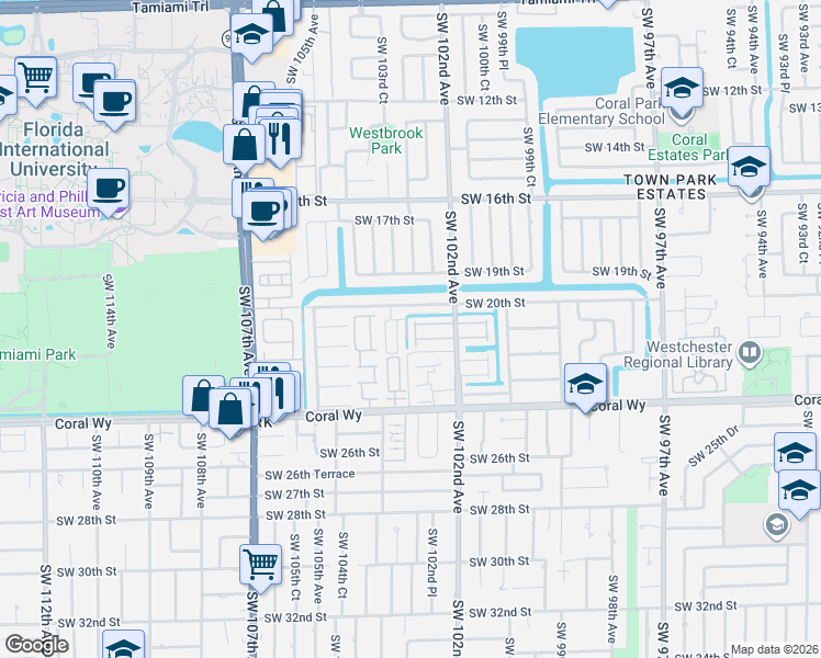 map of restaurants, bars, coffee shops, grocery stores, and more near 10220 Southwest 20th Street in Miami