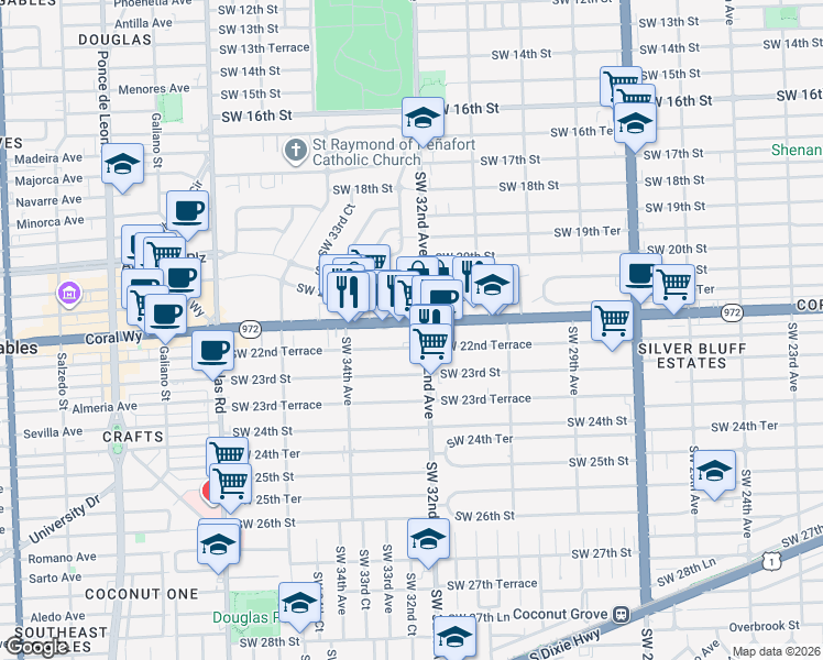 map of restaurants, bars, coffee shops, grocery stores, and more near 3232 Coral Way in Miami