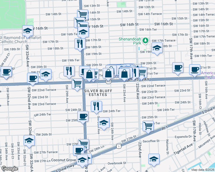 map of restaurants, bars, coffee shops, grocery stores, and more near 2419 Southwest 22nd Terrace in Miami