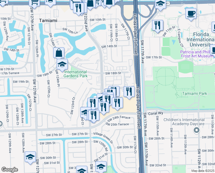 map of restaurants, bars, coffee shops, grocery stores, and more near 269 Southwest 122nd Avenue in Miami