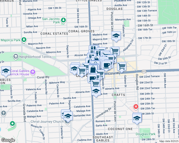 map of restaurants, bars, coffee shops, grocery stores, and more near 415 Aragon Avenue in Coral Gables