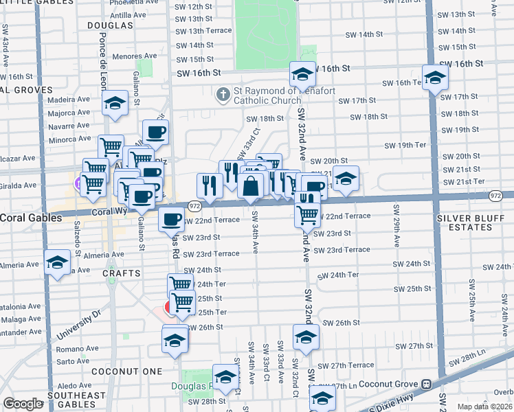 map of restaurants, bars, coffee shops, grocery stores, and more near in Miami