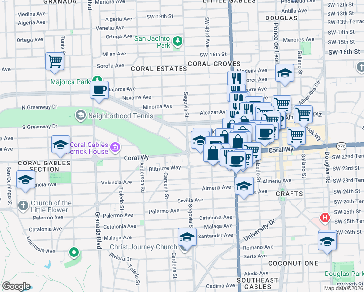 map of restaurants, bars, coffee shops, grocery stores, and more near 635 North Greenway Drive in Coral Gables