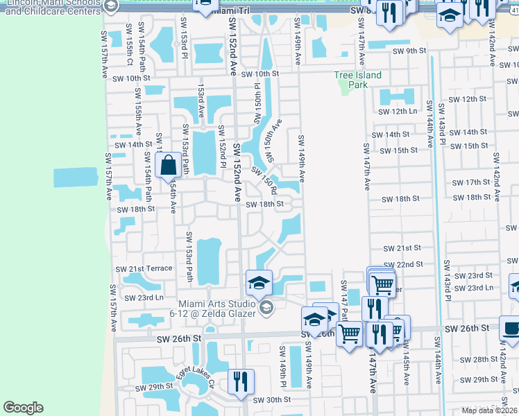 map of restaurants, bars, coffee shops, grocery stores, and more near 1741 Southwest 150th Place in Miami