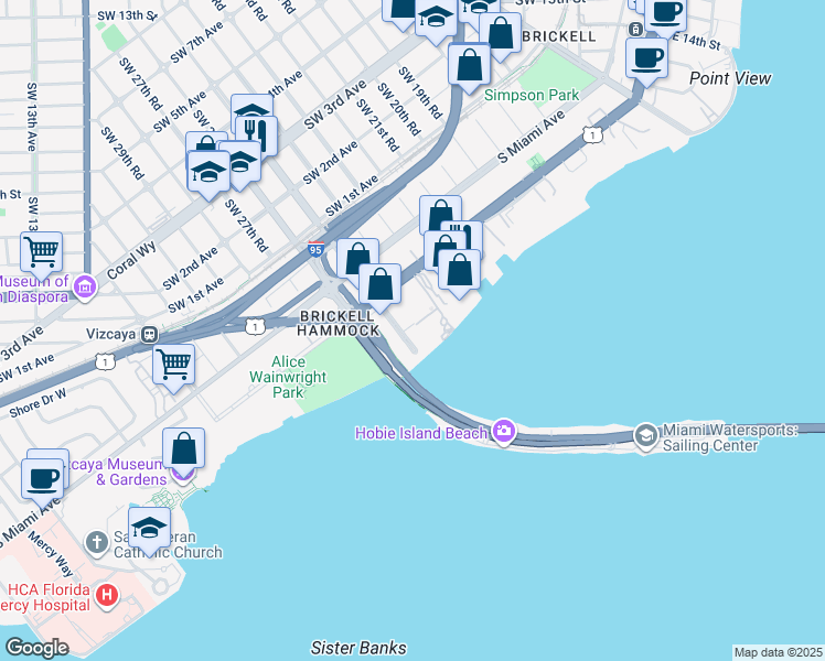 map of restaurants, bars, coffee shops, grocery stores, and more near 145 Southeast 25th Road in Miami