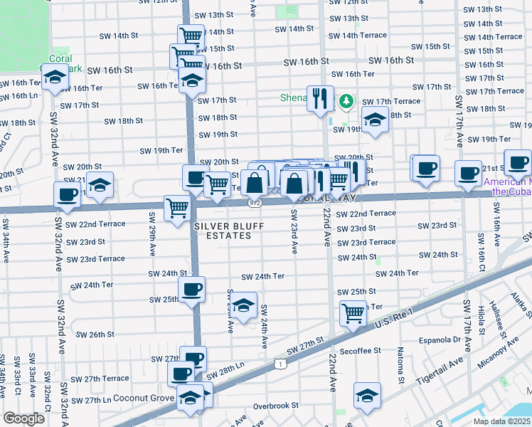 map of restaurants, bars, coffee shops, grocery stores, and more near 2373 Southwest 22nd Street in Miami