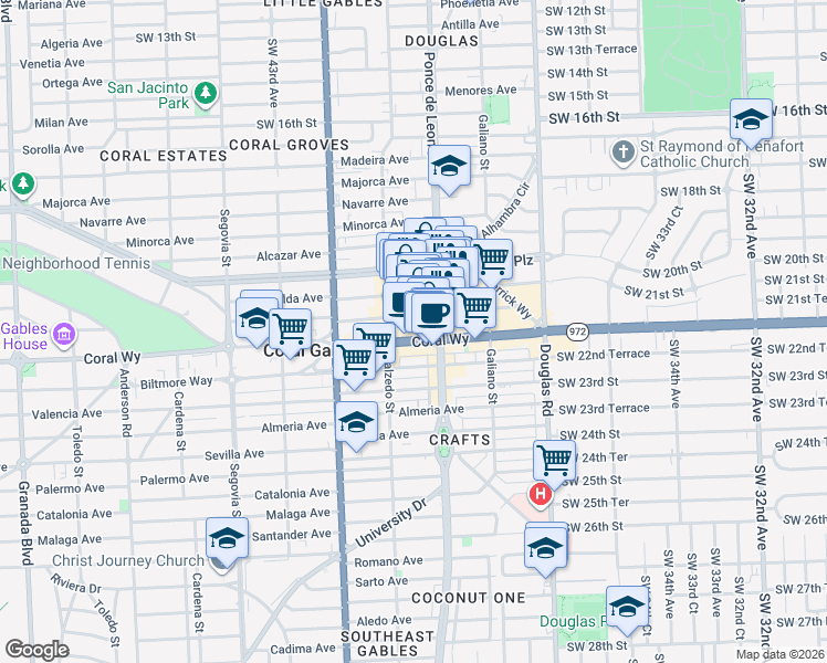 map of restaurants, bars, coffee shops, grocery stores, and more near 205 Aragon Avenue in Coral Gables
