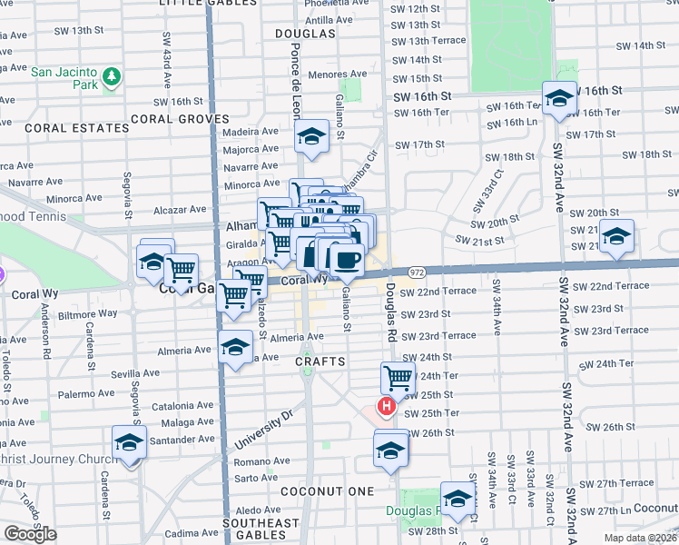 map of restaurants, bars, coffee shops, grocery stores, and more near 126 Aragon Avenue in Coral Gables