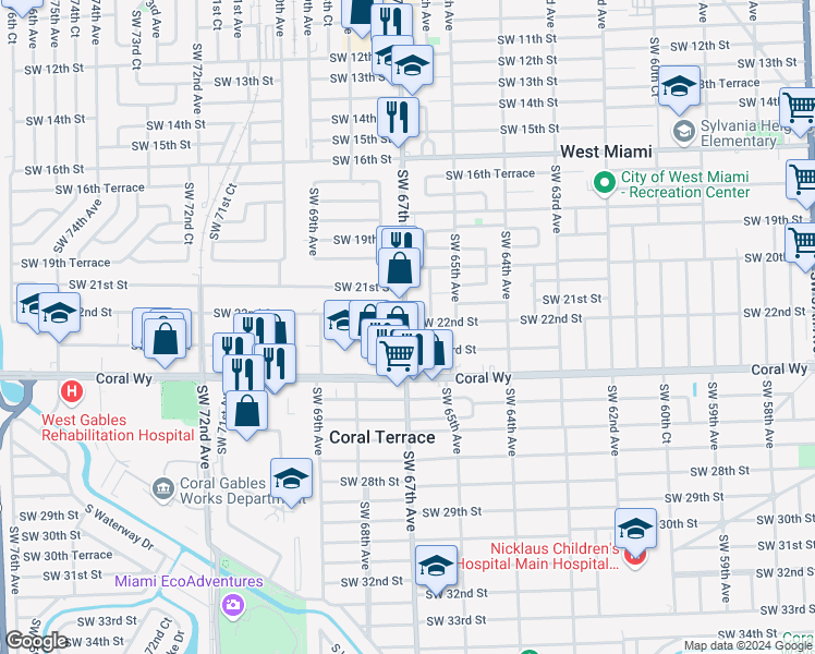map of restaurants, bars, coffee shops, grocery stores, and more near 2201 Southwest 67th Avenue in Miami