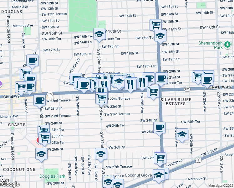 map of restaurants, bars, coffee shops, grocery stores, and more near 2160 Southwest 31st Avenue in Miami