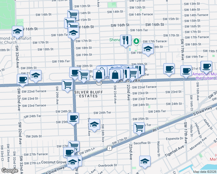 map of restaurants, bars, coffee shops, grocery stores, and more near 2373 Southwest 22nd Street in Miami