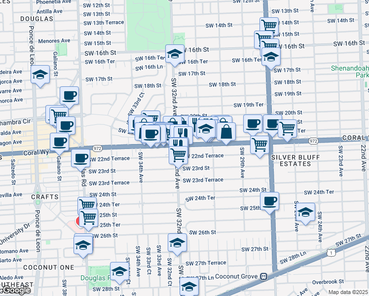 map of restaurants, bars, coffee shops, grocery stores, and more near 109 Southwest 31st Court in Miami