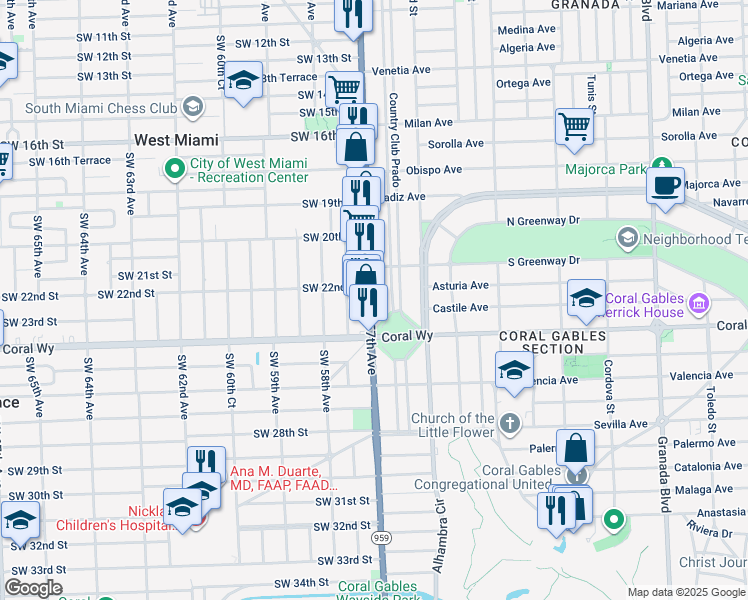 map of restaurants, bars, coffee shops, grocery stores, and more near 2230 Red Road in Miami