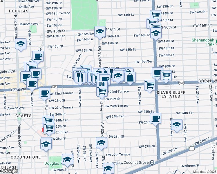 map of restaurants, bars, coffee shops, grocery stores, and more near 3170 Coral Way in Miami