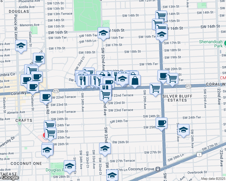 map of restaurants, bars, coffee shops, grocery stores, and more near 109 Southwest 31st Court in Miami