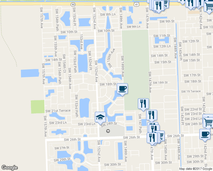 map of restaurants, bars, coffee shops, grocery stores, and more near 1741 Southwest 150th Place in Miami