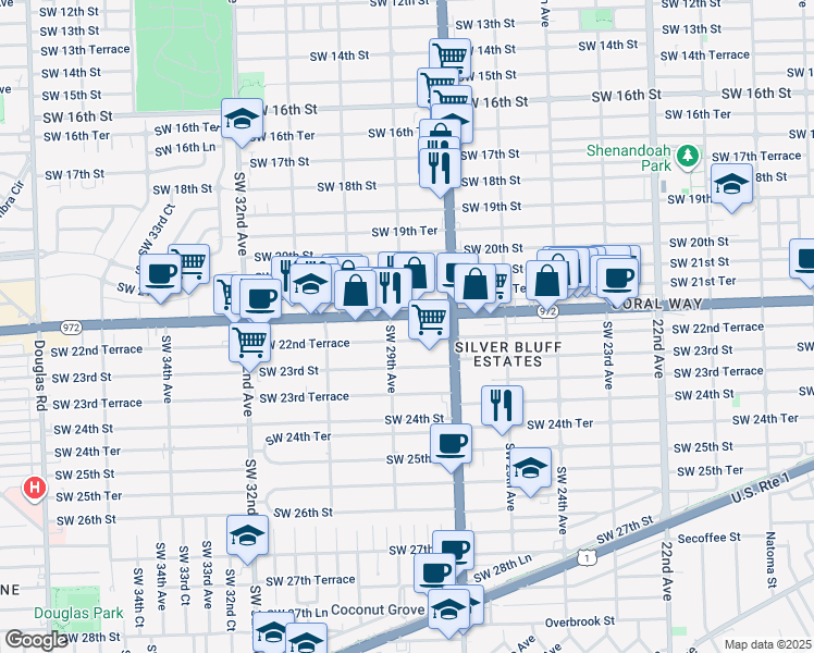map of restaurants, bars, coffee shops, grocery stores, and more near 2759 Coral Way in Miami