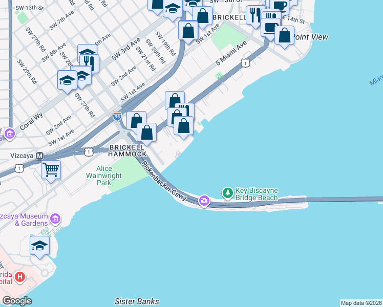 map of restaurants, bars, coffee shops, grocery stores, and more near 2333 Brickell Avenue in Miami