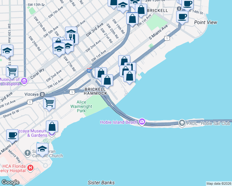 map of restaurants, bars, coffee shops, grocery stores, and more near 2475 Brickell Avenue in Miami