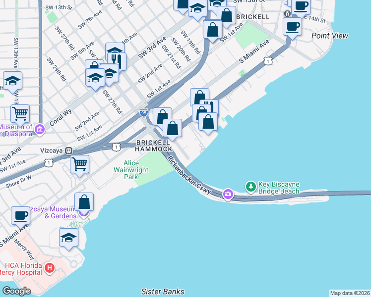 map of restaurants, bars, coffee shops, grocery stores, and more near 2475 Brickell Avenue in Miami