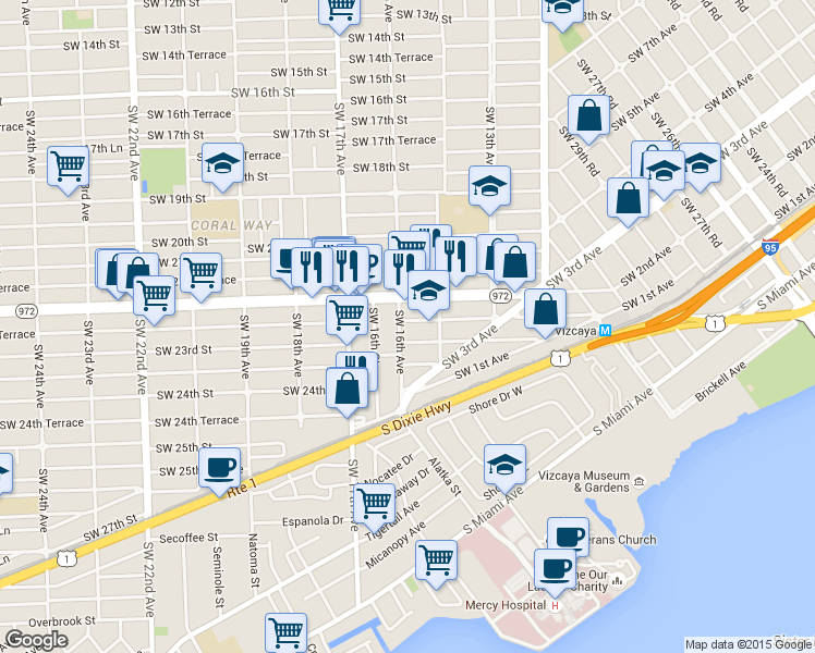 map of restaurants, bars, coffee shops, grocery stores, and more near 2226 Southwest 16th Avenue in Miami